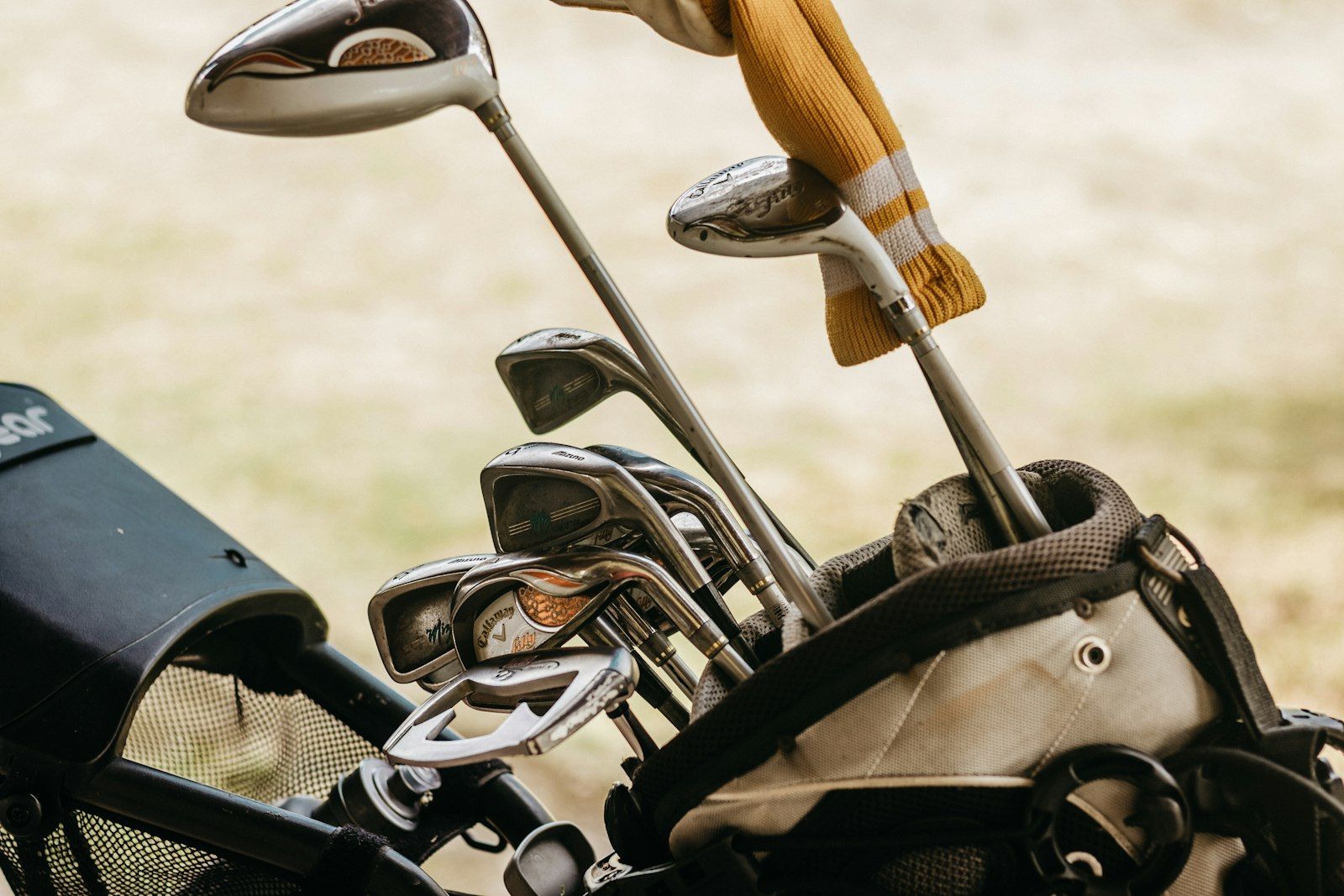 Fers et bois de golf rangés dans un sac, en gros plan, devant une prairie ensoleillée