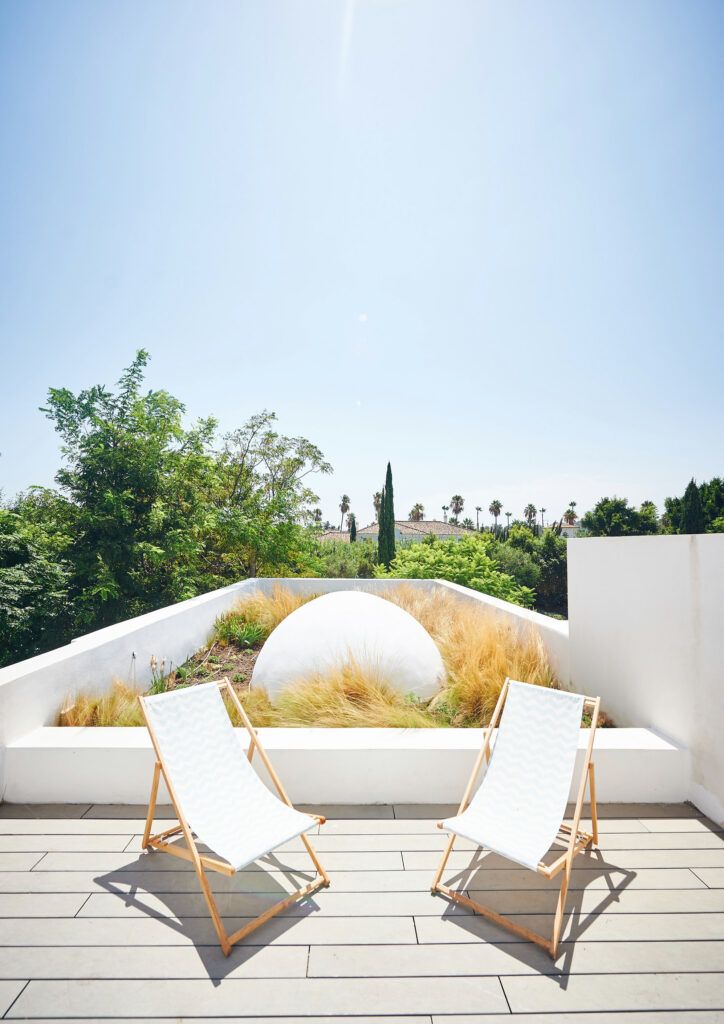 Terrasse sur le toit avec chaises longues et palmiers