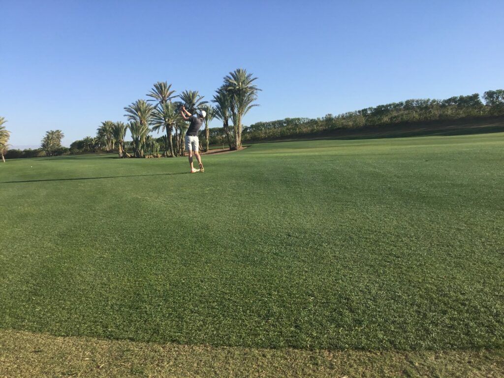 Golfeuse sur un fairway bordé de palmiers pendant un stage de golf à Marrakech